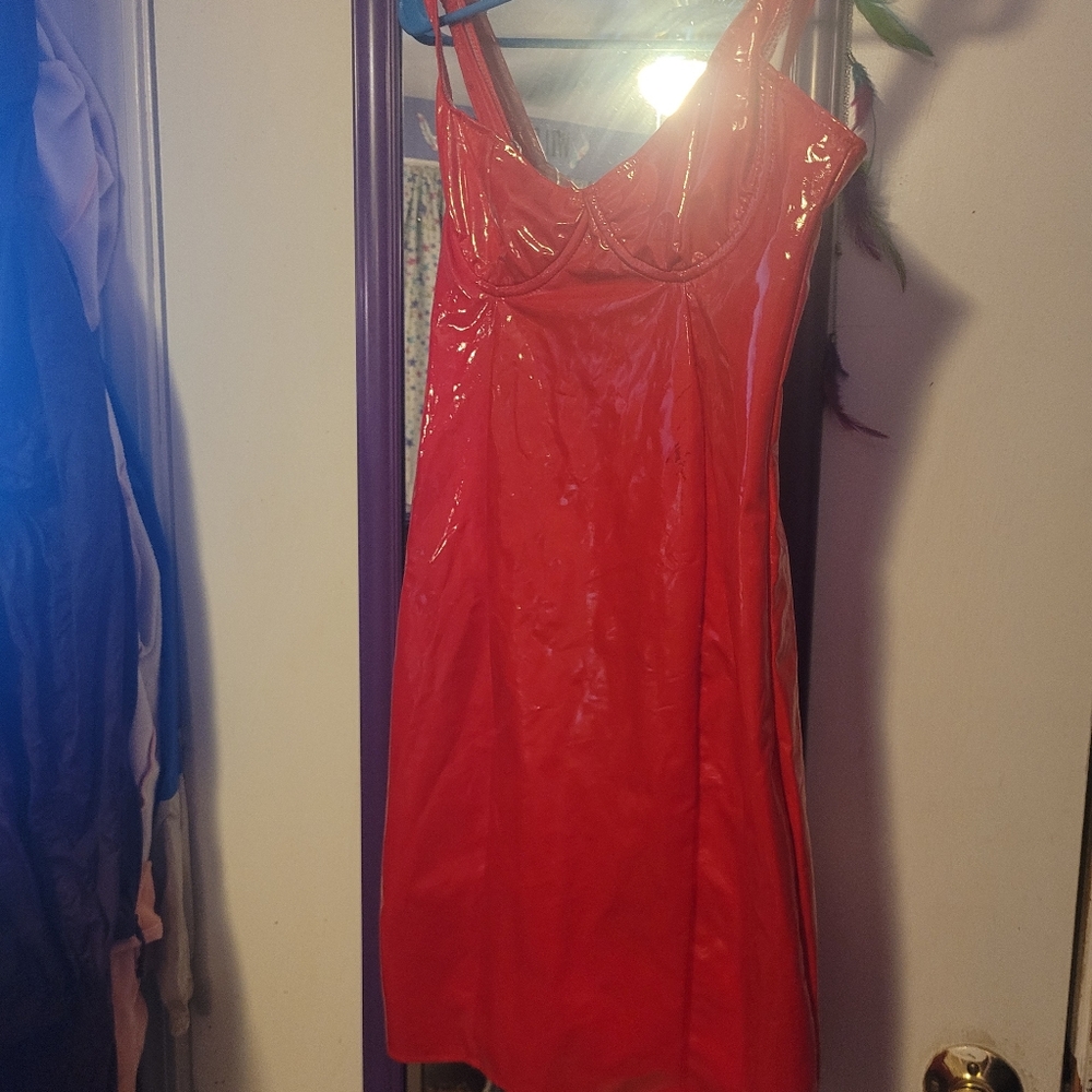 Red faux leather latex dress